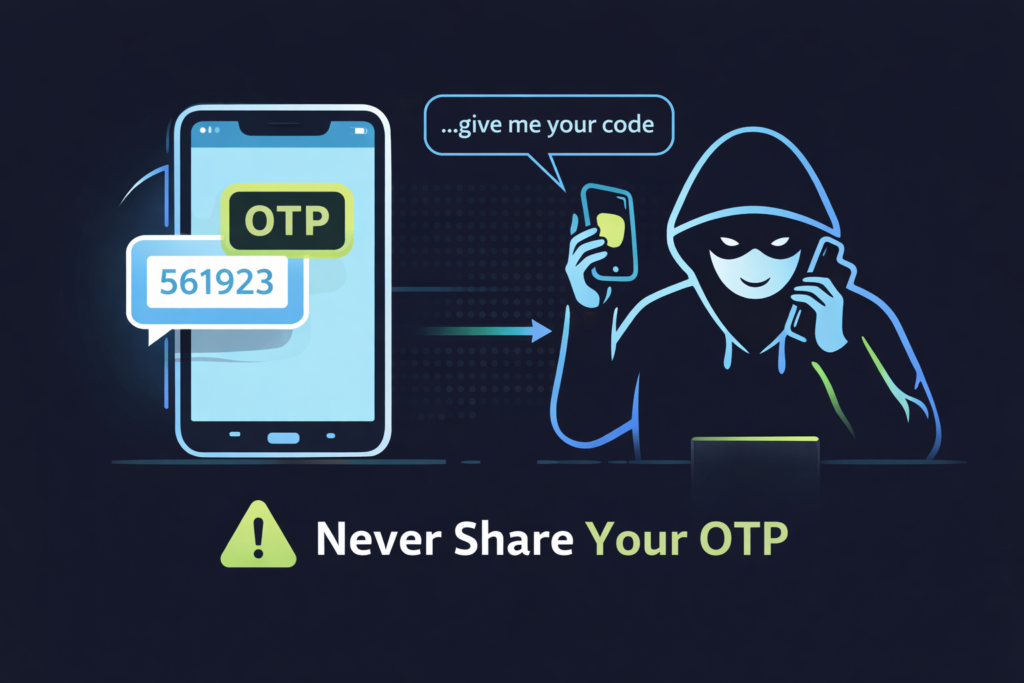 cybersecurity awareness illustration about OTP scams showing hacker tricking a smartphone user to reveal OTP code with warning message never share your OTP
