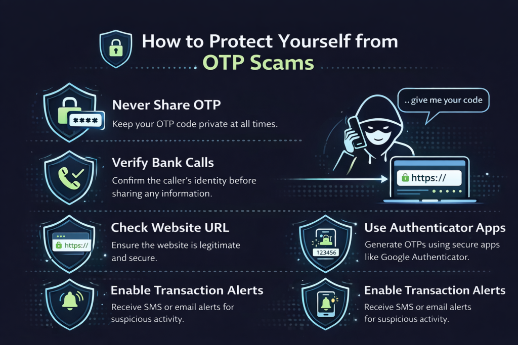 cybersecurity infographic explaining how to protect yourself from OTP scams including tips like never share OTP verify bank calls check website URL use authenticator apps and enable transaction alerts
